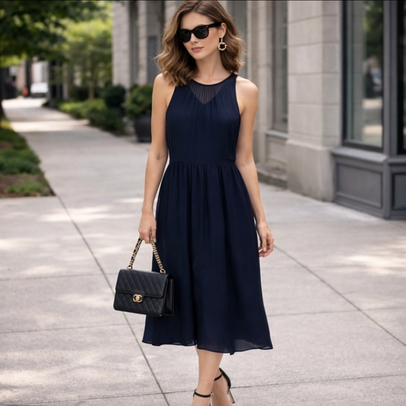 J. Crew Dresses & Skirts - J. Crew silk chiffon crepe fairy sleveless lined button & zip closure navy 10